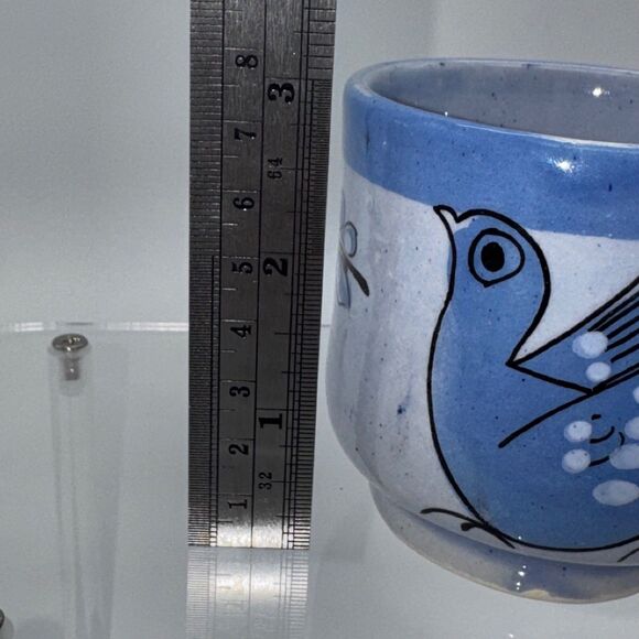 3 Mexican Tonala Pottery Blue Bird Mug Hand Painted Folk Art Mexico Signed VG - Picture 8 of 9